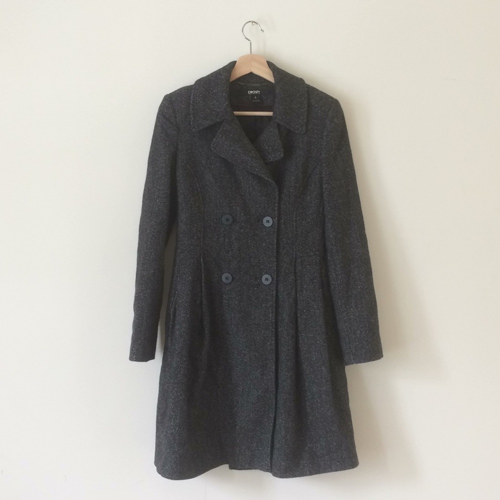 DKNY long wool and silk top coat in charcoal sz 4